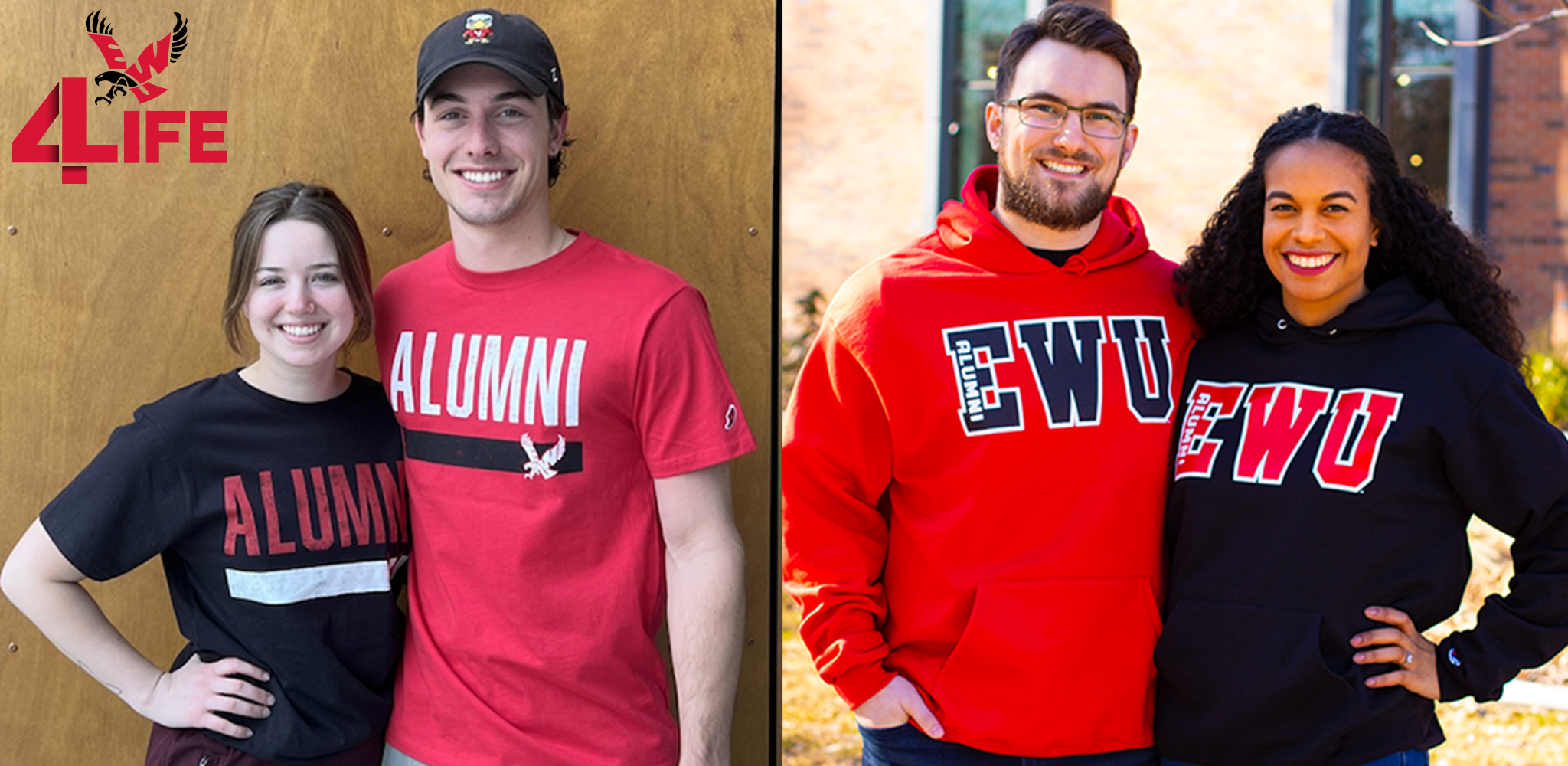 College students wearing alumni t-shirts, two people wearing ewu alumni hoodies.